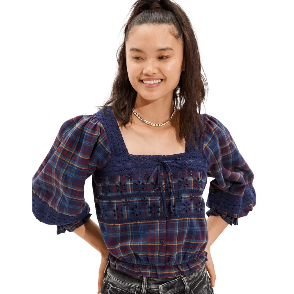 American Eagle Women's Lace Puff Sleeve Blouse Cropped Plaid Crochet Eyelet Navy